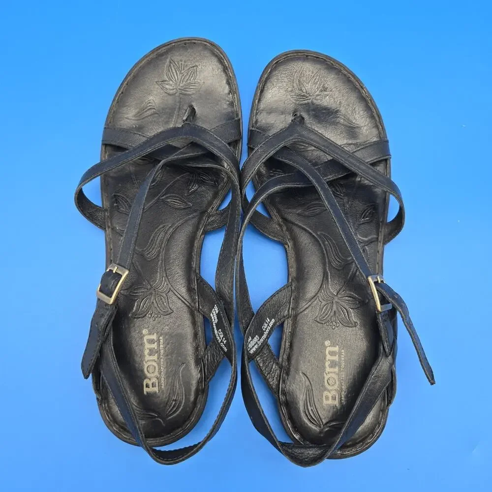 Born Mai Leather Strappy Sandals Women’s Size 10 Black Slingback Comfort